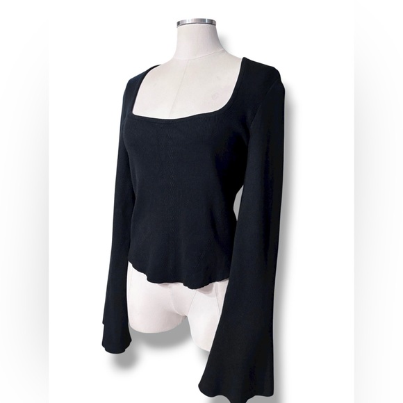 MAEVE x ANTHROPOLOGIE Black Square Neck Bell Sleeve Sweater Size Medium - Picture 2 of 10